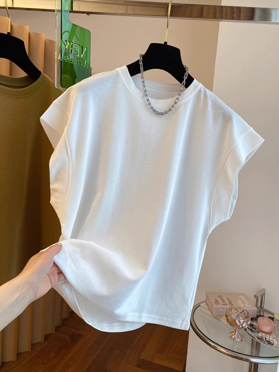 Women Solid Color Round Neck Flutter Sleeve Loose Casual Summer T Shirt M