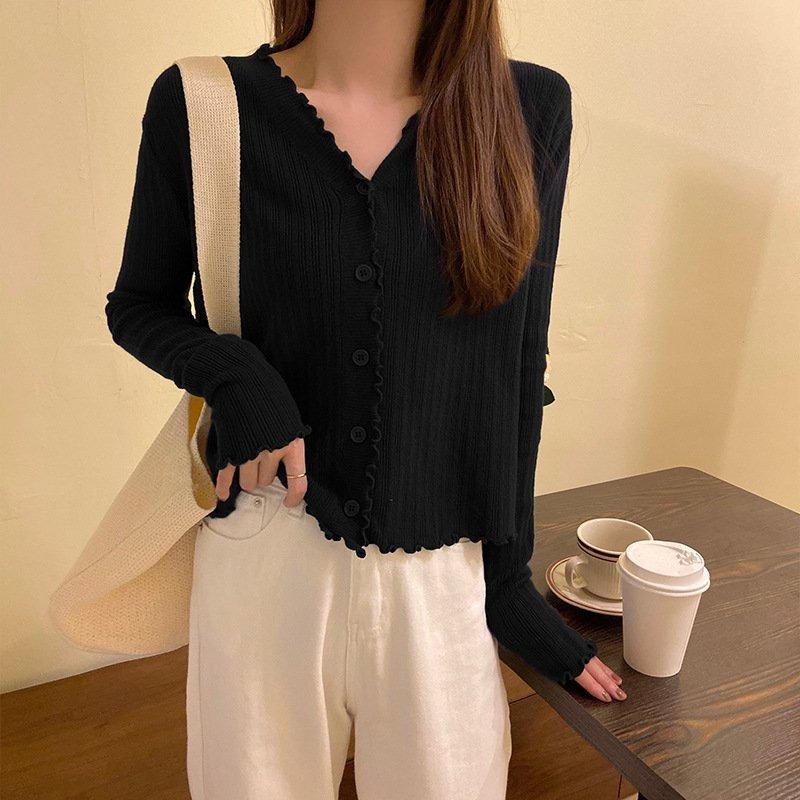 V-neck knitted cardigan solid color versatile small coat sweater spring trend women's early autumn new fungus edge