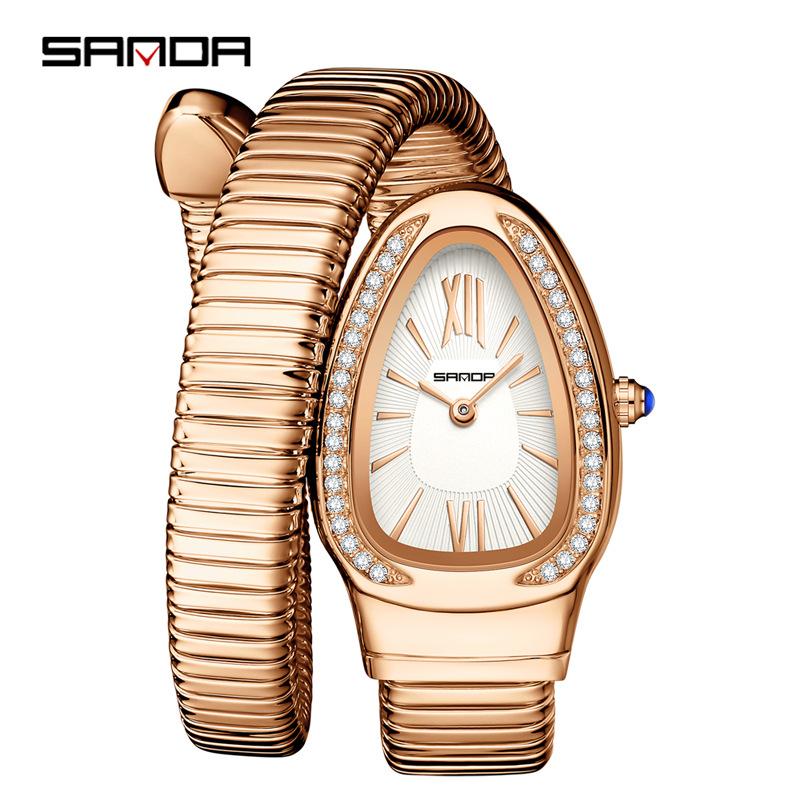 SANDA Fashion Women's Quartz Watch Serpentine Inlaid Diamond Women's Watch Retro Light Luxury Women's Quartz Watch