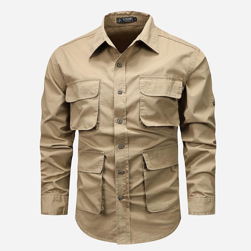 Vintage American Style Loose Fit Cotton Long Sleeve Work Shirt For Men