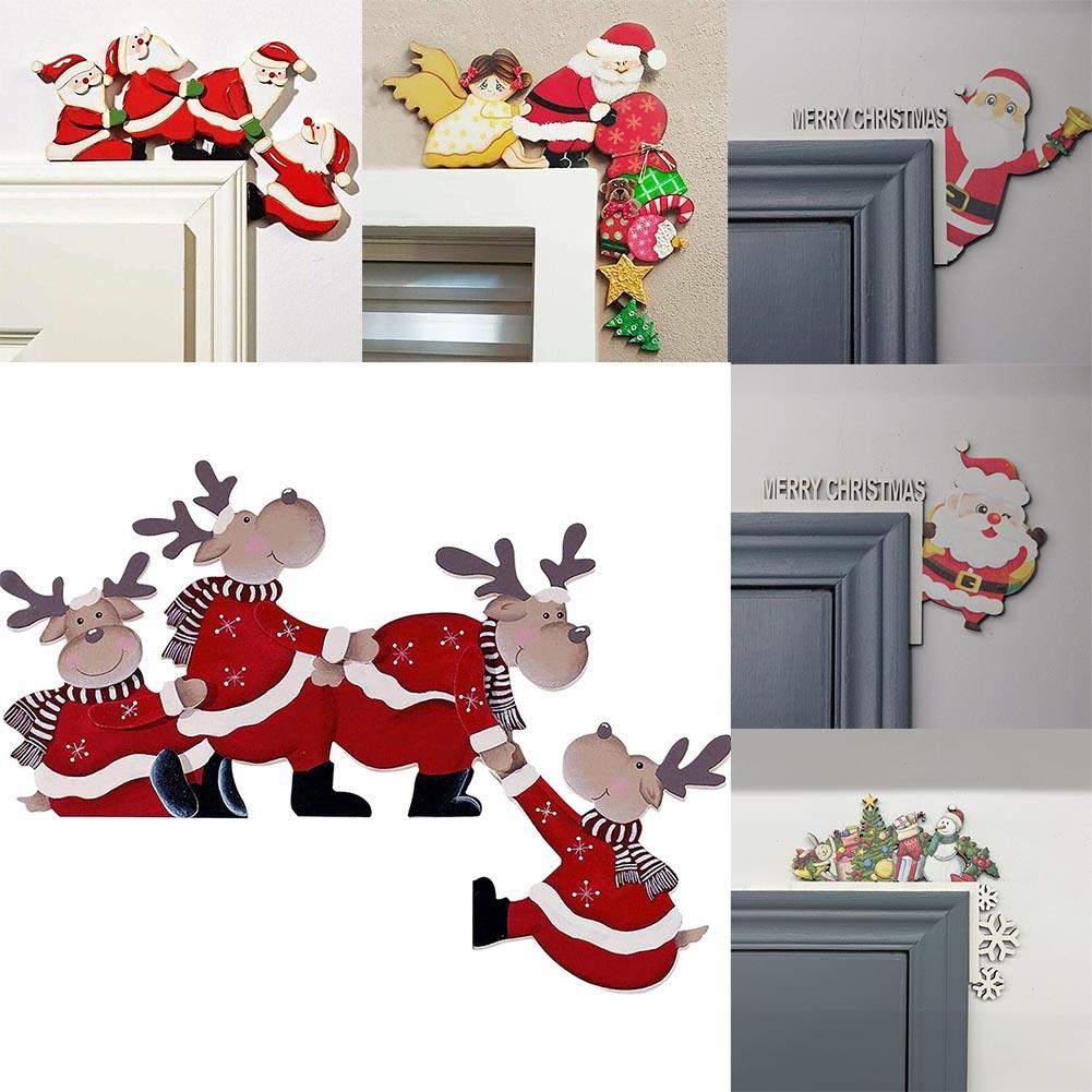Christmas Door Frame Wooden Decoration Santa Claus Reindeer Autohesion Ornament Home Merry Party Entrance Xmas Festive Decor