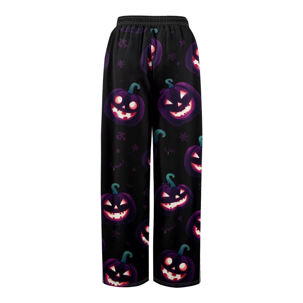Women Summer Boho Palazzo Pants High Waist Wide Leg Halloween Printing Casual Trousers With Pockets