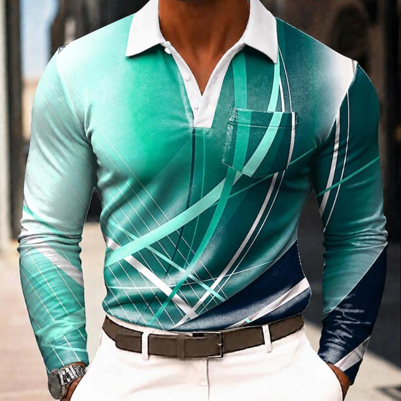 Men's Long Sleeve Polo Shirt Geometric Casual Top