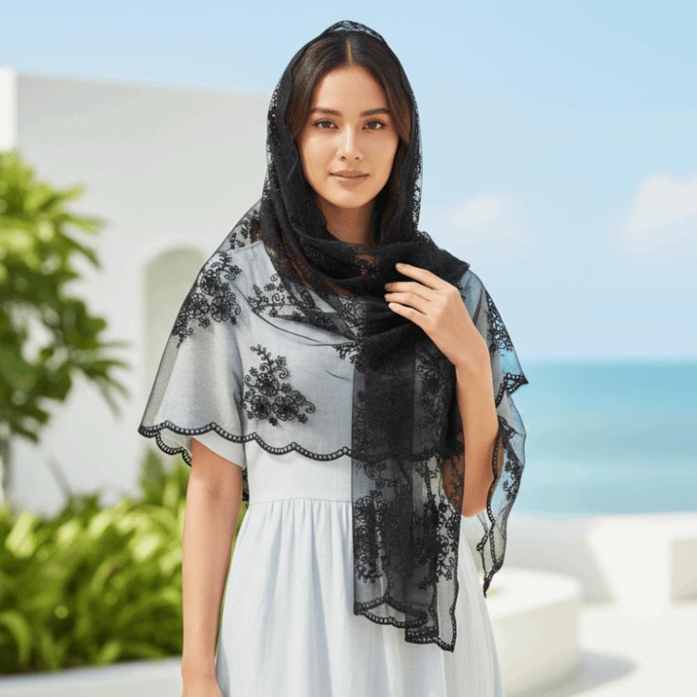 Embroidered Floral Headwrap Lightweight Long Lace Scarf Mesh Stole Summer Hijab Elegant Lady