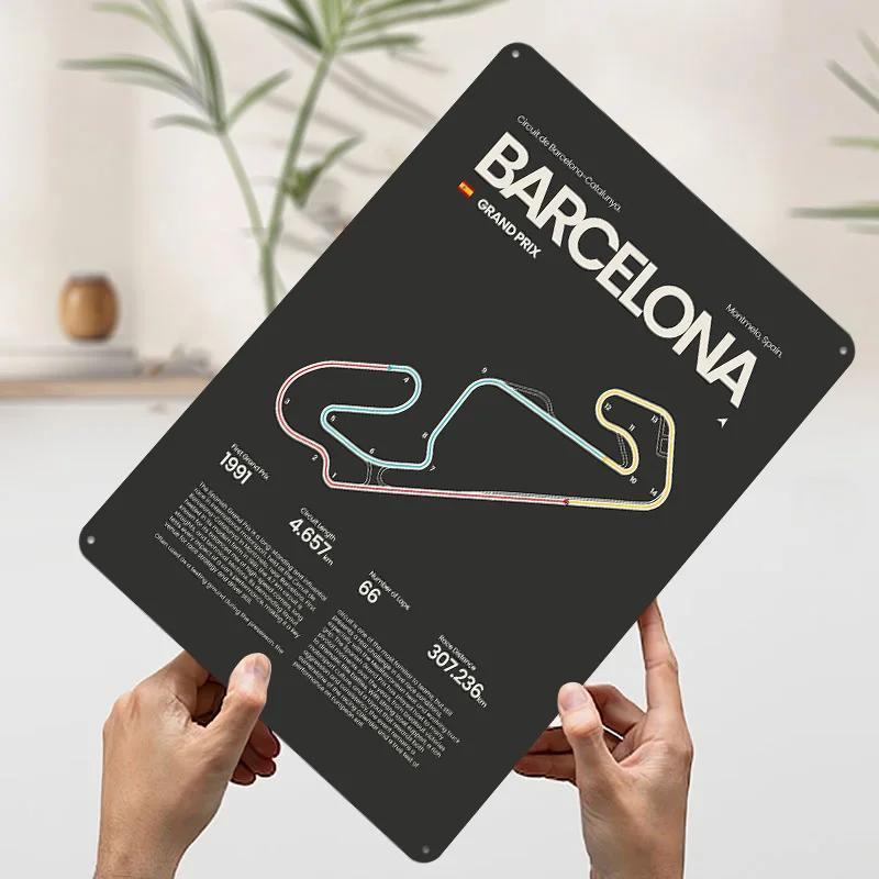 Barcelona Circuit Map Tinplate Poster Customized Wall Art Vintage Retro Metal Signs for Room Decoration Gaming Bar Accessories