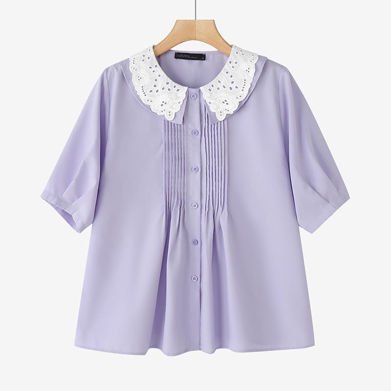 

ZANZEA Женская кружевная лоскутная круглая горловина Повседневная блузка с коротким рукавом L фиолетовый