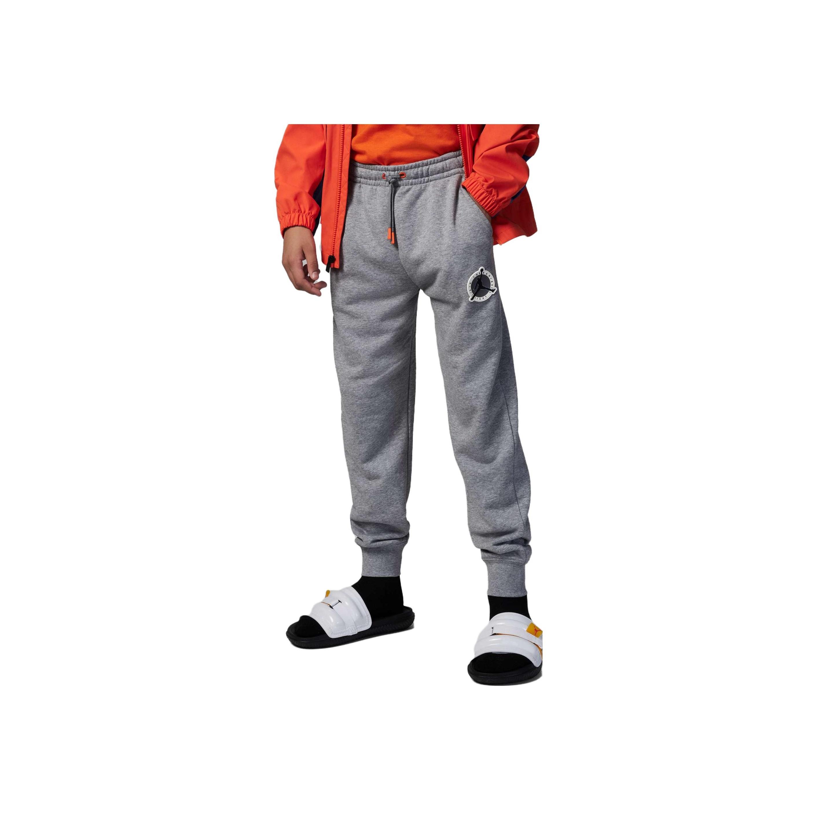 

Jordan Трикотажные спортивные брюки с принтом логотипа и завязками на манжетах, детские штаны цвета карбон-серый FN6491-091 L