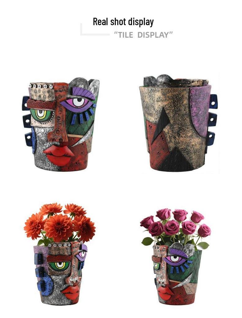 Mayan Abstract Colorful Resin Flower Pot for Garden & Living Room Décor, Green Plant Succulents & Bonsai Display