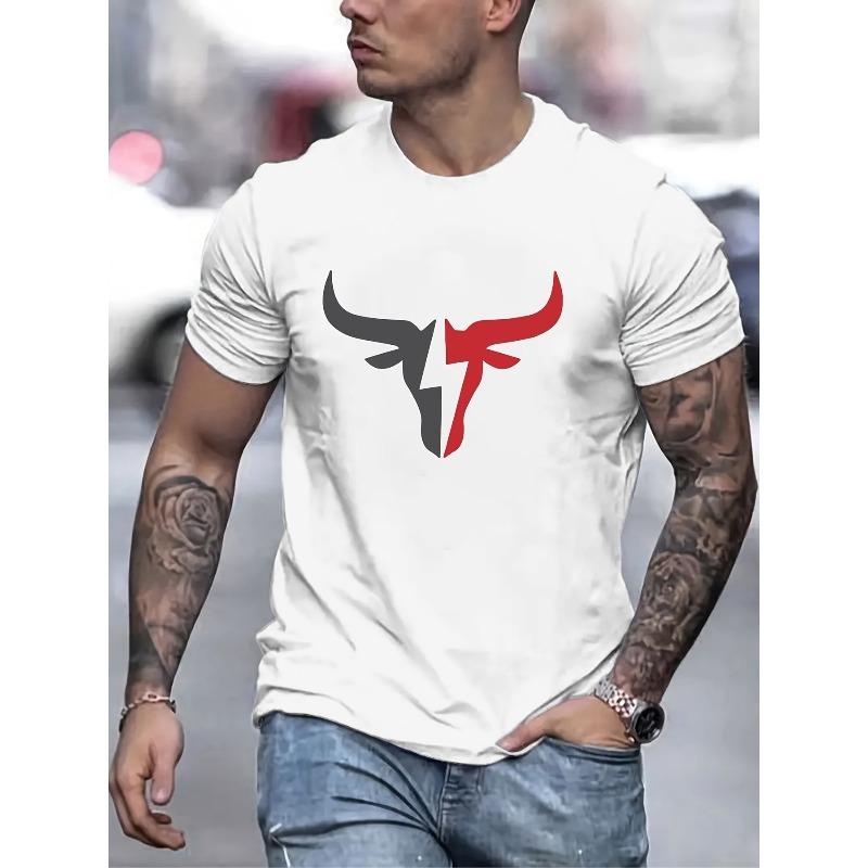 European sizes Bull Head Print Men's Round Neck Short Sleeve Tee Fashion Regular Fit T-Shirt Top For Spring Summer Holiday