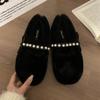 fashion Women's Wool Shoes Cross Fluffy Casual Concise Warm Short Plush Flats 2024 Fashion Diamond Pearl Accessories Lazy Shoes Winter