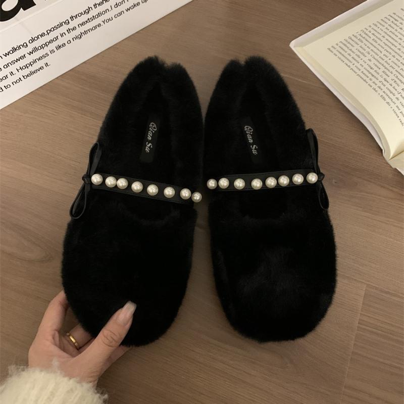 fashion Women's Wool Shoes Cross Fluffy Casual Concise Warm Short Plush Flats 2024 Fashion Diamond Pearl Accessories Lazy Shoes Winter
