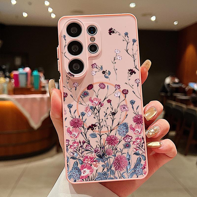Retro Hot Pink Flower Pattern Case For Samsung Galaxy S26 Ultra S25 Edge S24 Plus S23 FE S22 A54 A55 A56 5G Magnetic For Magsafe Matte Cover