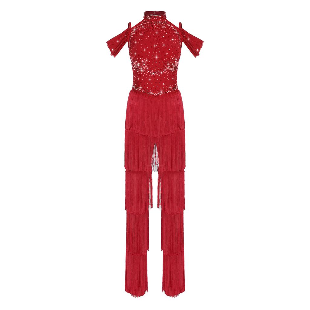 Damen Latein-Tanzparty Jumpsuit S-XXL: Halter Off-Shoulder rückenfreie Strampler mit Strasssteinen, mehrstufigen Quasten für Samba, Rumba, Gesellschaftstanz