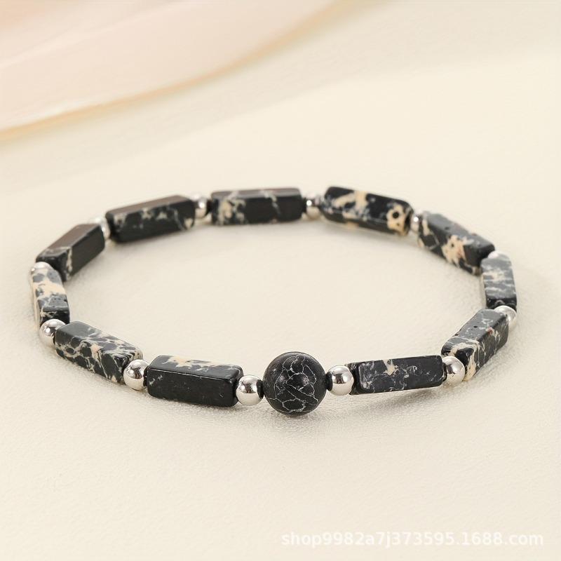 Mixed Natural Stone Beaded Bracelet Set – Rectangle Round Bead Boho Jewelry, Colorful Healing Gift for Women