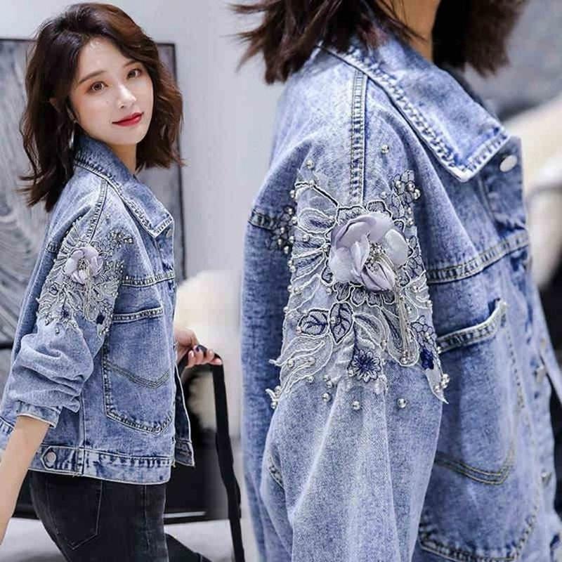 Frühling und Herbst Koreanische Denim Loose Schwere Bestickte Jeansjacke Damen Trendig All-match Ins Harajuku Oberteil