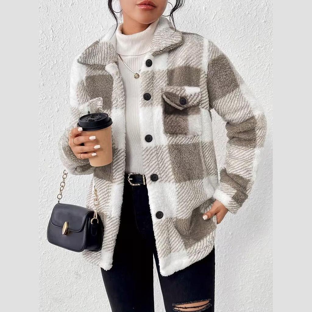 2026 New Elegant Fleece Coat with Pockets Minimalist Plaid Button-Down Jacket for Women