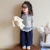 Meng Tang Tang Spring Girls' Color Block Bib Pants & Sweatshirt Set - Baby Korean Style Two-Piece.