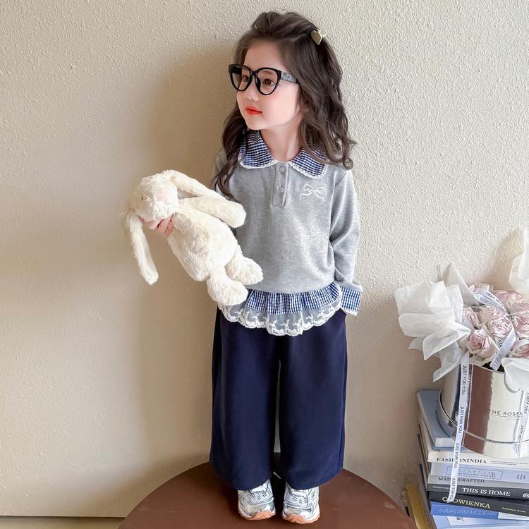 Meng Tang Tang Spring Girls' Color Block Bib Pants & Sweatshirt Set - Baby Korean Style Two-Piece.