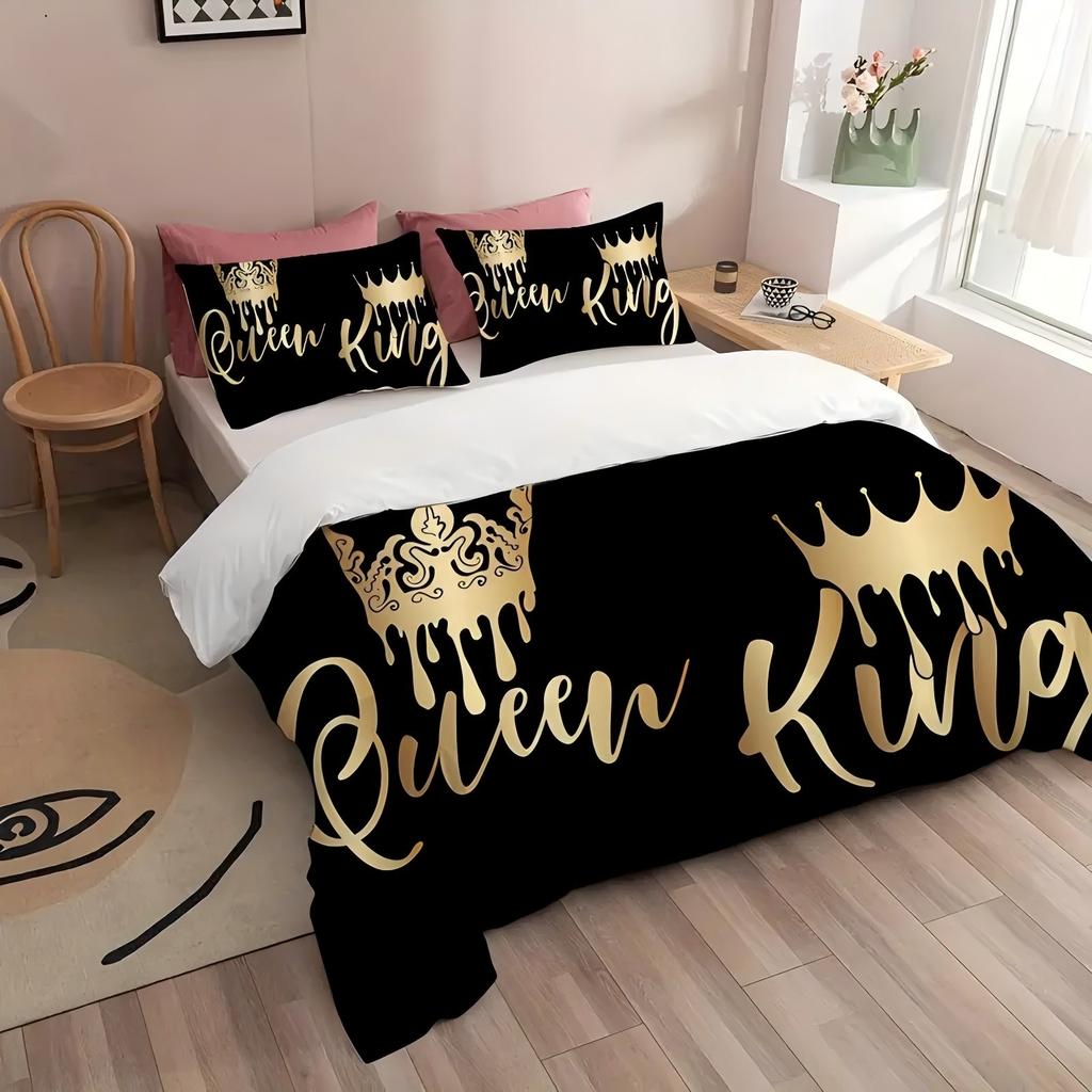 King Queen Letters Pattern 3D Printed Quilt Cover Set Couple Style Bedding Set Home Textiles Comfortable Duvet Cover Pillowcase