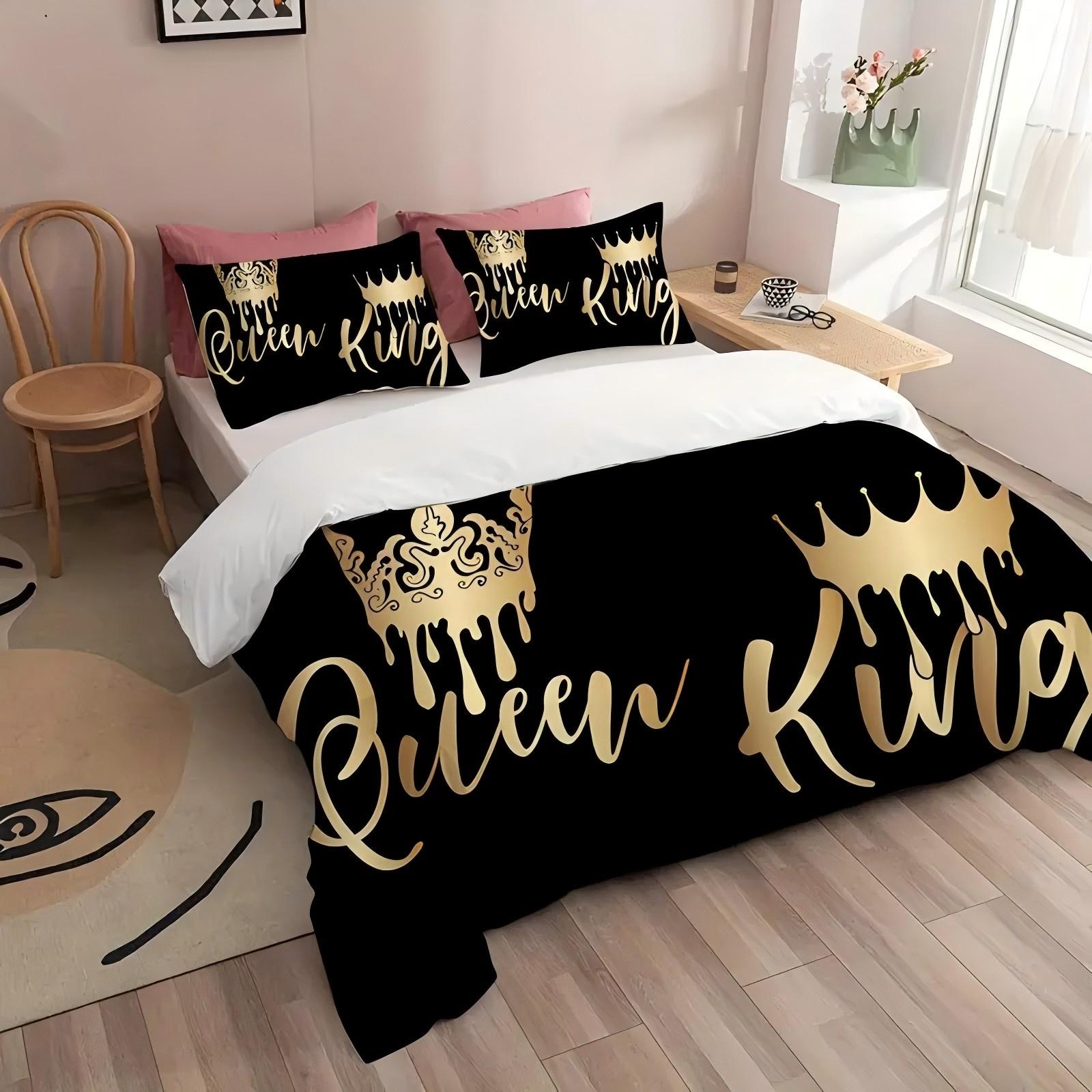 

King Queen Letters Pattern 3D Printed Quilt Cover Set Couple Style Bedding Set Home Textiles Comfortable Duvet Cover Pillowcase 135x200cm 2pcs