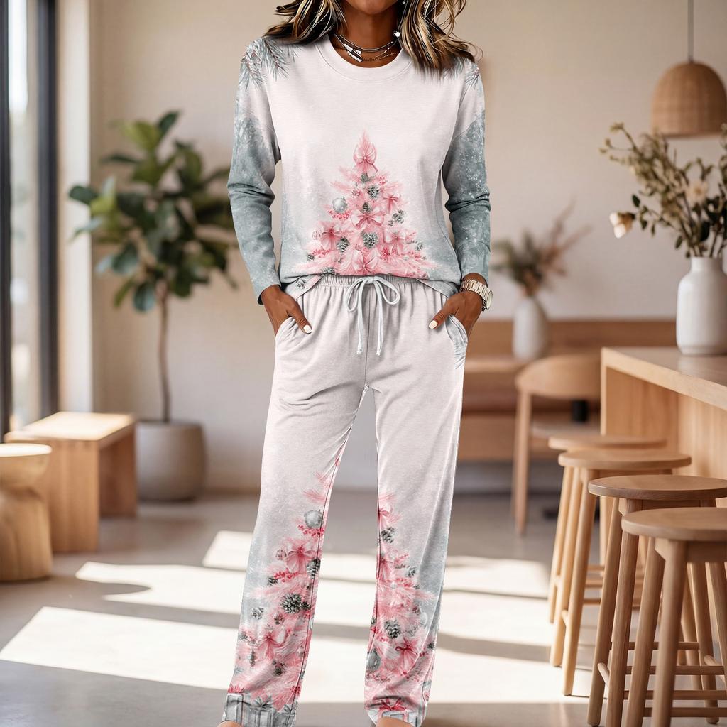 Women's Long Sleeve Round Neck Wide Leg Pajama Set Casual Sleepwear