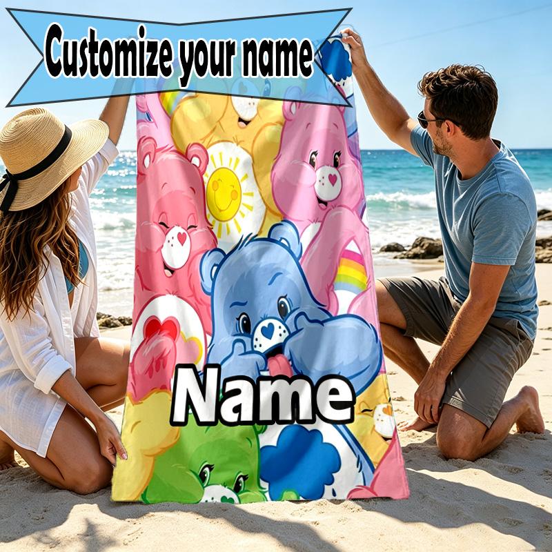 Custom Name Personalized Care Bears Print Beach Towel, for Trip Camping Beach Party Home Decor, Birthday Gift for Family & Friends