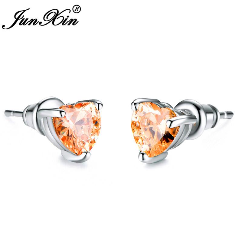 Girls Cute Heart Stud Earrings For Women White Gold Color Brilliant White Zircon Blue Purple Austrian Crystal Wedding Studs Cz