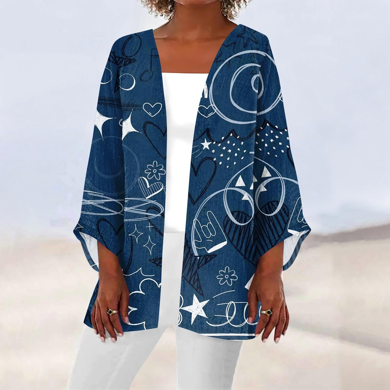 

Женская повседневная модная легкая куртка средней длины с принтом, кардиган L синий