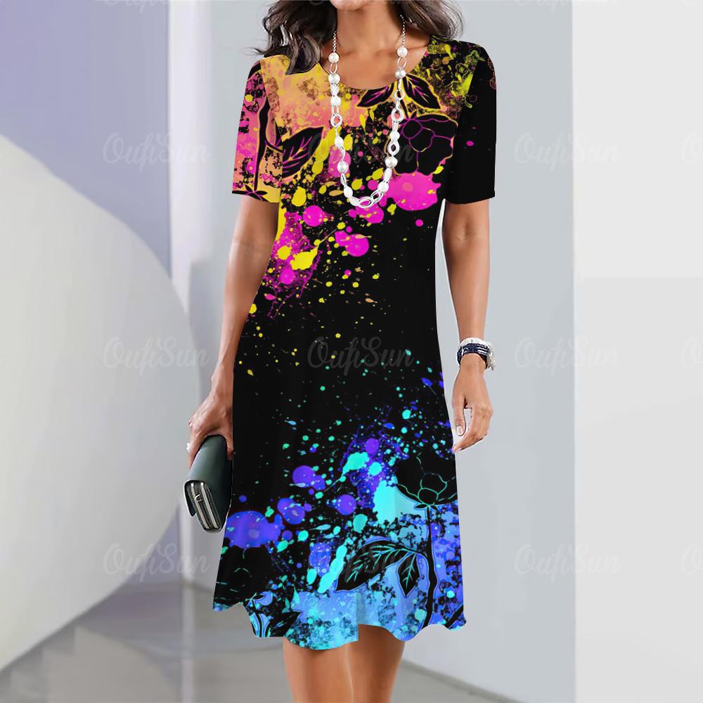 Summer Women's Short-sleeved Pullover Casual Loose Dress 3d Floral Print O-neck Fashion Women's Clothing