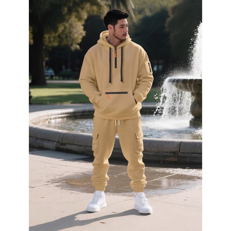 Mens Winter Fleece Hooded Tracksuit Casual Solid Color Sweatshirt Pants Set