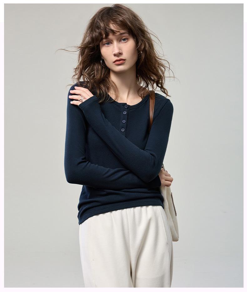 2025 Herbst/Winter Damen Henley-Kragen Schlankmachendes Gestricktes Langarm-T-Shirt