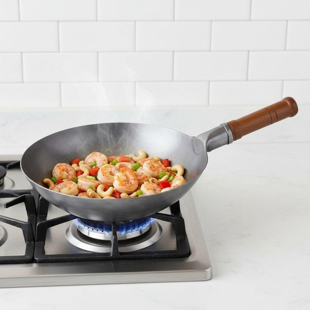 Universal Hand Hammered Iron Wok Round-bottomed Frying Pot Multifunctional Non-stick Pan  Home