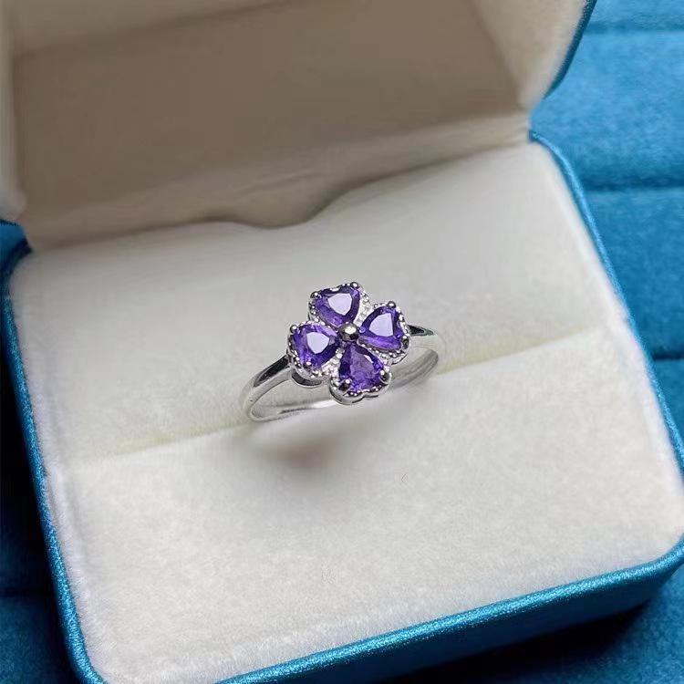 Natural Amethyst Four-Leaf Clover Pinky Ring, Adjustable Lucky Gift Jewelry for Women