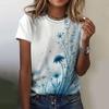2025 New Summer Temperament Women's Floral Blue Printed Women's T-shirt Round Neck Short Sleeve Street Casual Daily Basic Tops