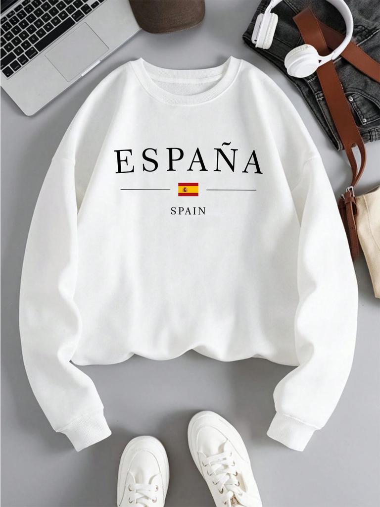 Spain Flag Design Womens Y2K Sweatshirts All-Match Loose Pullover Autumn Fleece Streetwear Casual O-Neck Clothing