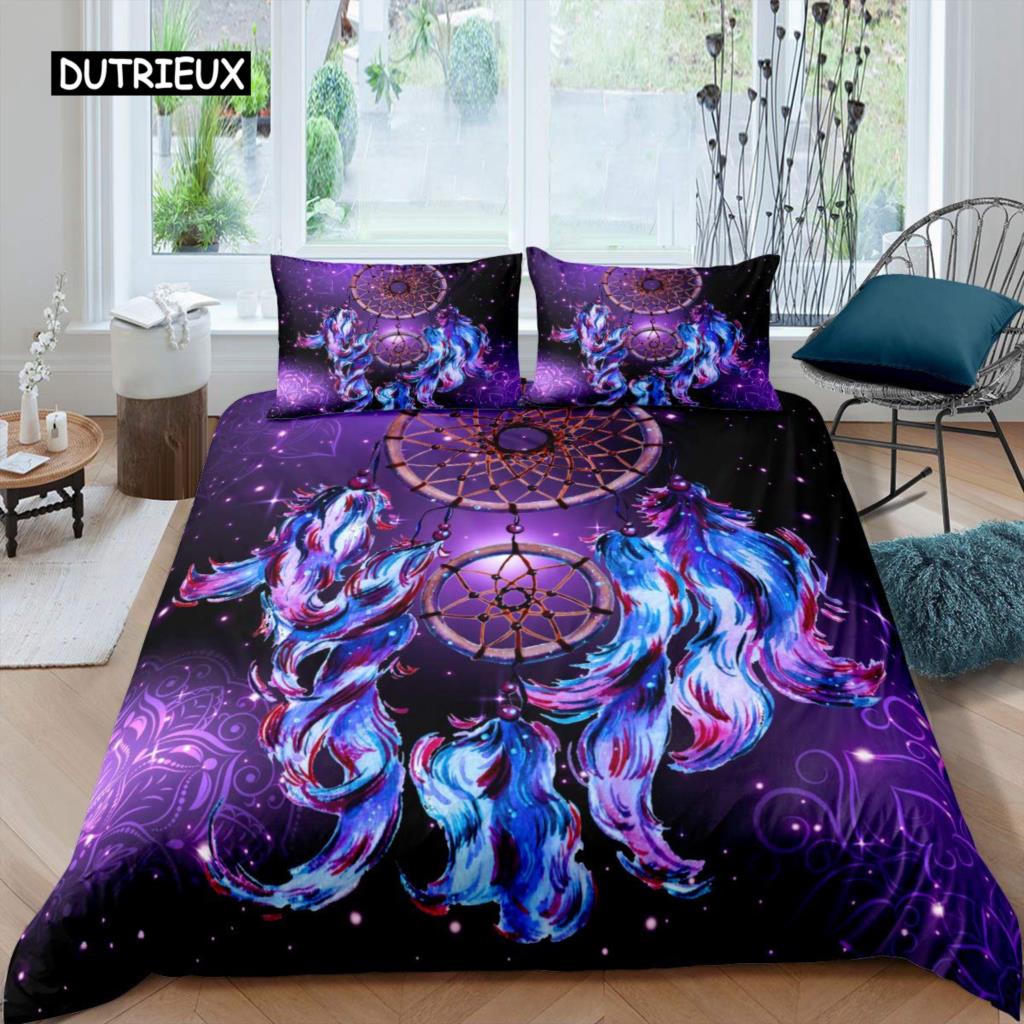 Purple Dream Catcher Duvet Cover Set Bohemian Feather Dream Catcher Bedding Set Microfiber Exotic Ethnic Style King Quilt Cover