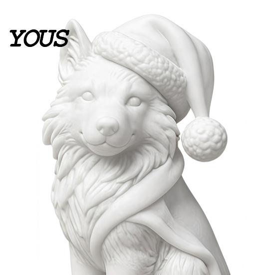 White Wolf Statue 3D Printed Figurine, Cute Christmas Animal with Santa Figurine Hat And Scarf for Tabletop, Mantel Shelf Home Office Decor