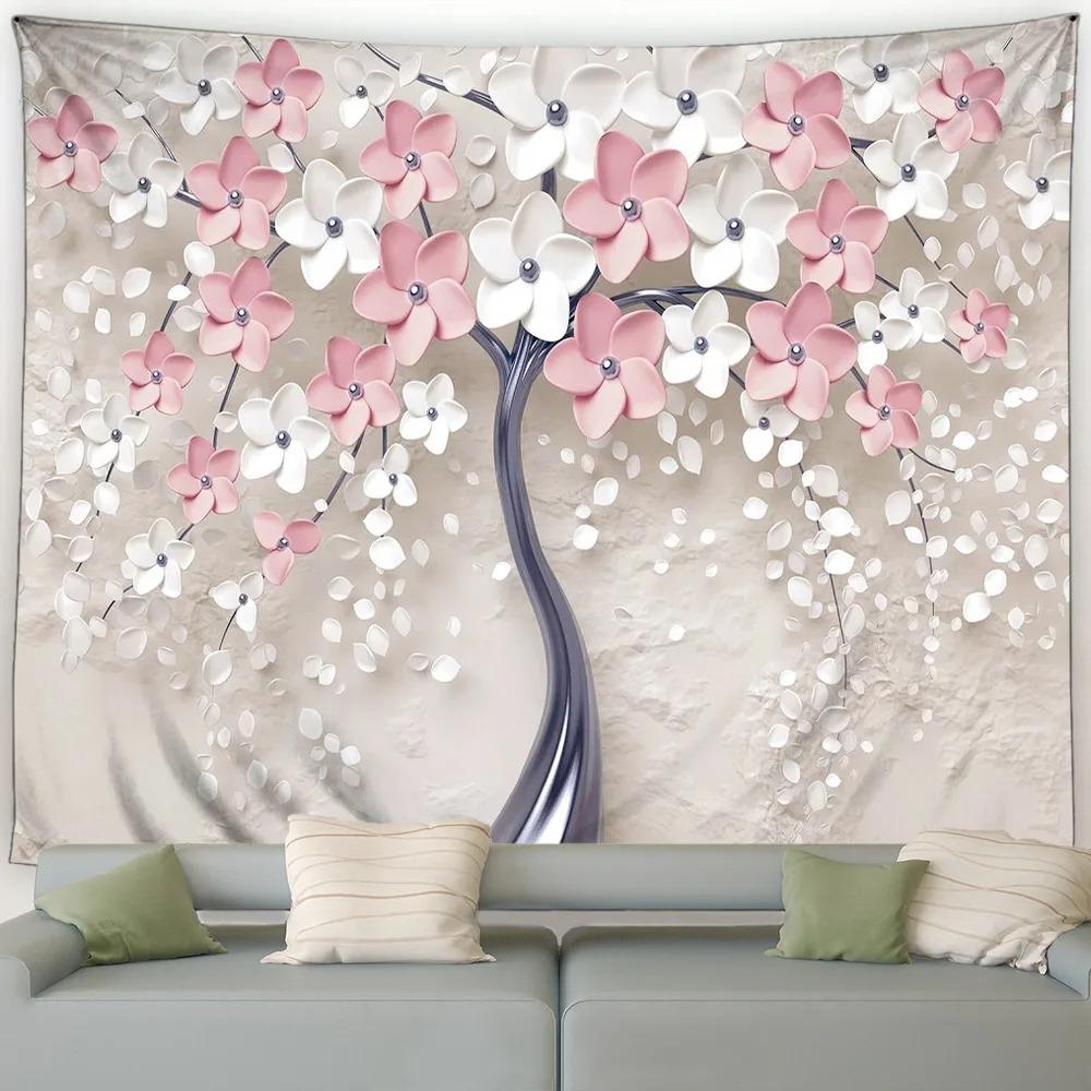 White Flowers Golden Tree Trunk Creative Decorative Tapestry Home Wall Living Room Office Decorative Tapestry