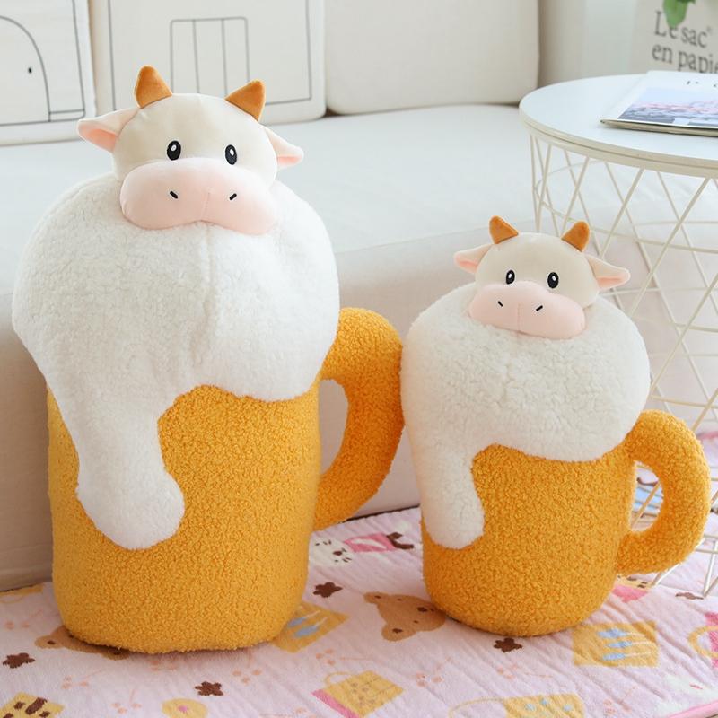 Creative Beer Mug With Cattle Plush Toy Stuffed Soft Funny Animal Doll Birthday Gift Shop Decor