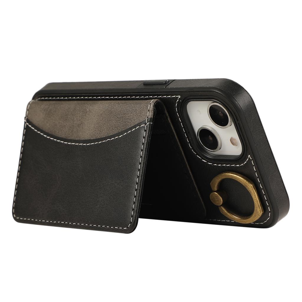 For iPhone 14 PU Leather Back Case Card Holder Kickstand Phone Cover with Wrist Strap