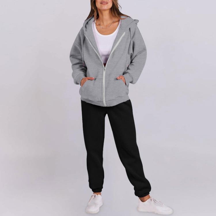 Dames Trainingspak Set Met Capuchon Lange Mouwen Effen Kleur Rits Elastische Taille Losse Mode