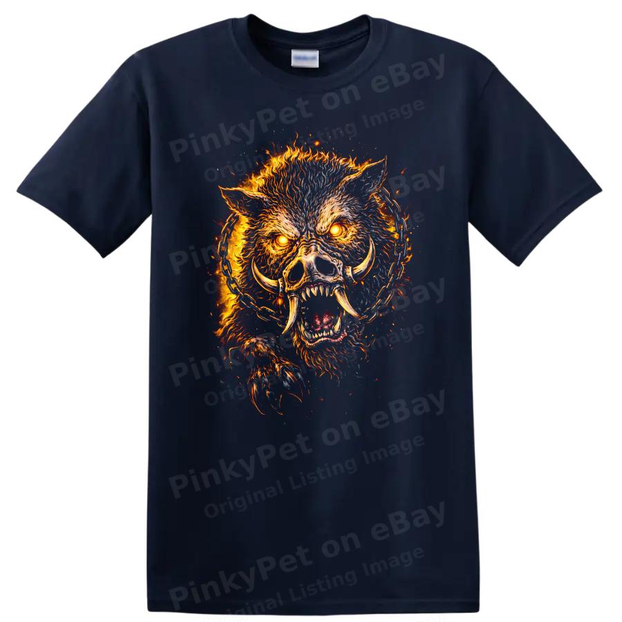 Fire Wolf T Shirt Animal Graphic Tee Flames Chains Wild Creature Design