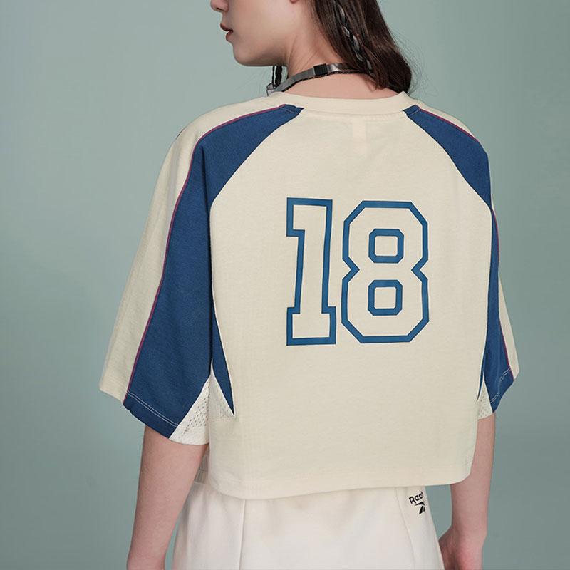 Reebok Color Block Casual Short Sleeve Knit T-Shirt Women tops Beige Blue 24SRC402WGW2