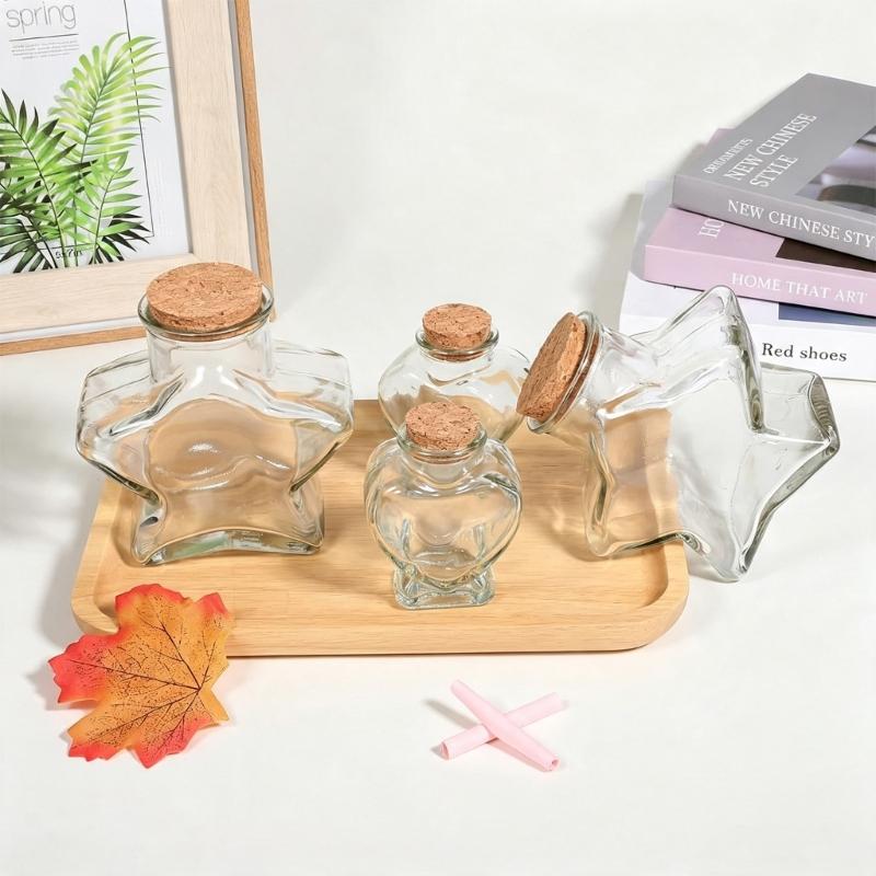 Decorative Glass Bottles With Cork Stopper Clear Glass Jar in Five-Point Form with Wood Cap,Display Bottle for Sand Candy and Paper Bits in Shelf or