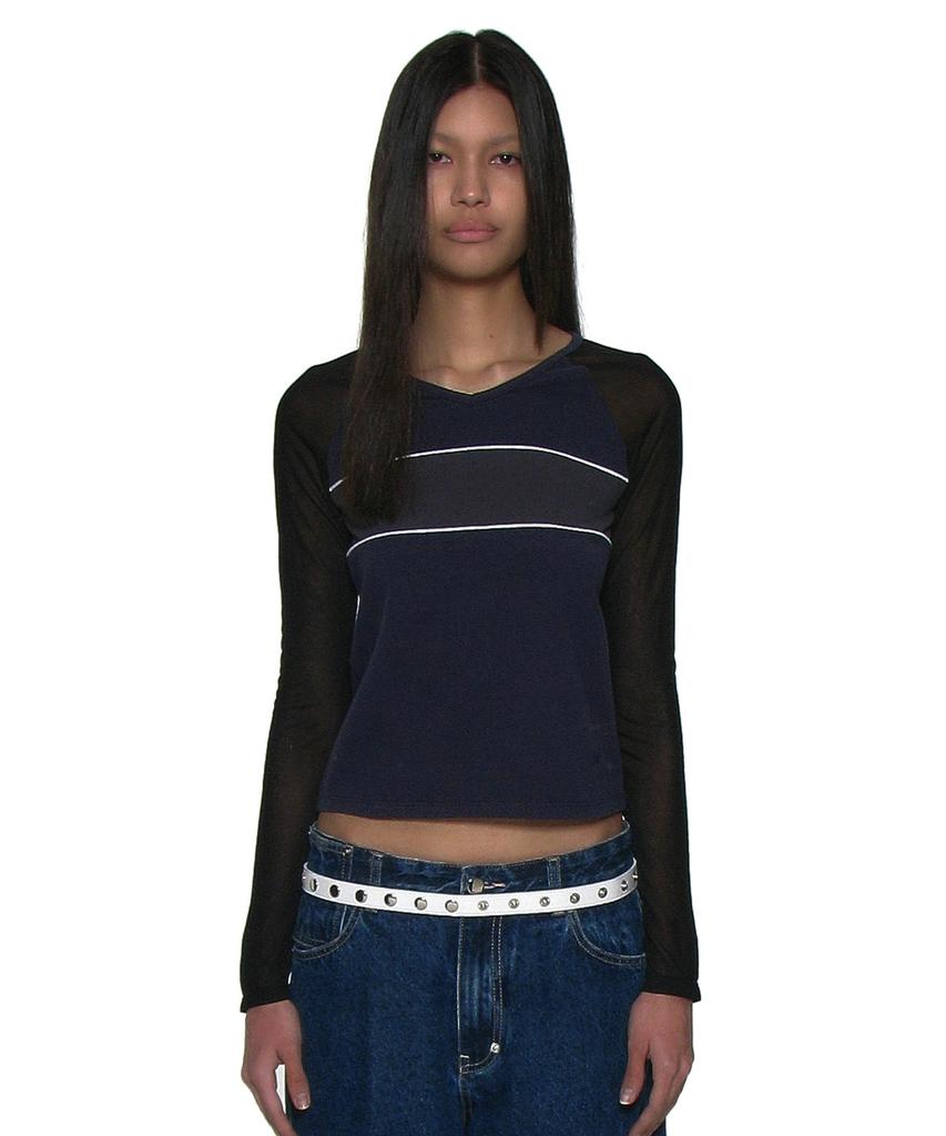 PARTIMENTO WOMEN V-Neck Multi-Combination Long Sleeve Tee_Navy