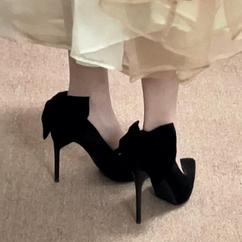 Bow Waterproof Table Stiletto High Heels Women's Black Autumn and Winter Skirt Not Tired Feet Single Shoes