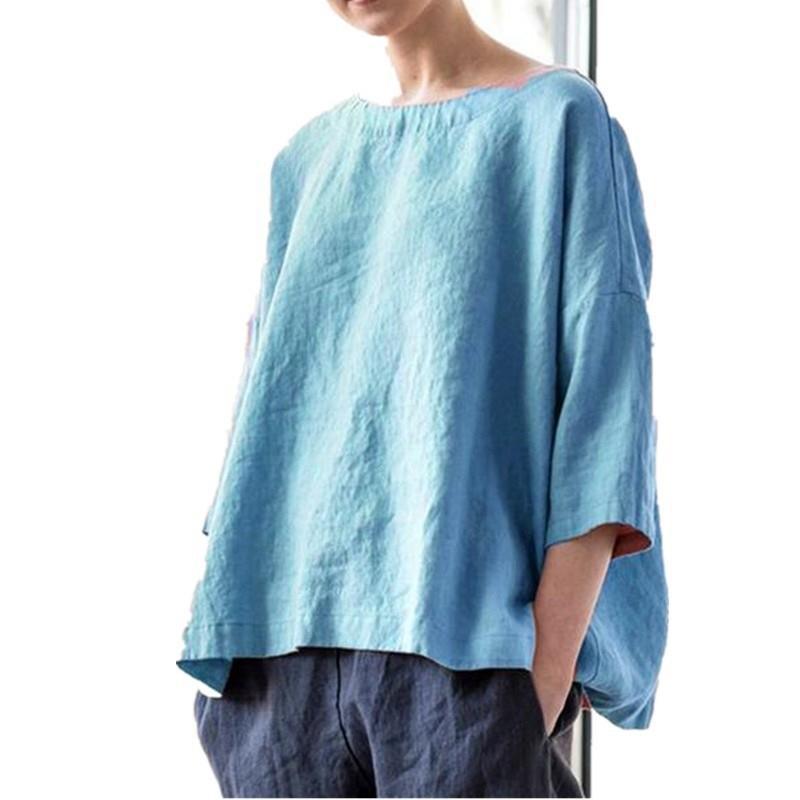 Round Neck Cotton and Linen Loose Top, Versatile and Versatile Cover Up, Women's Top