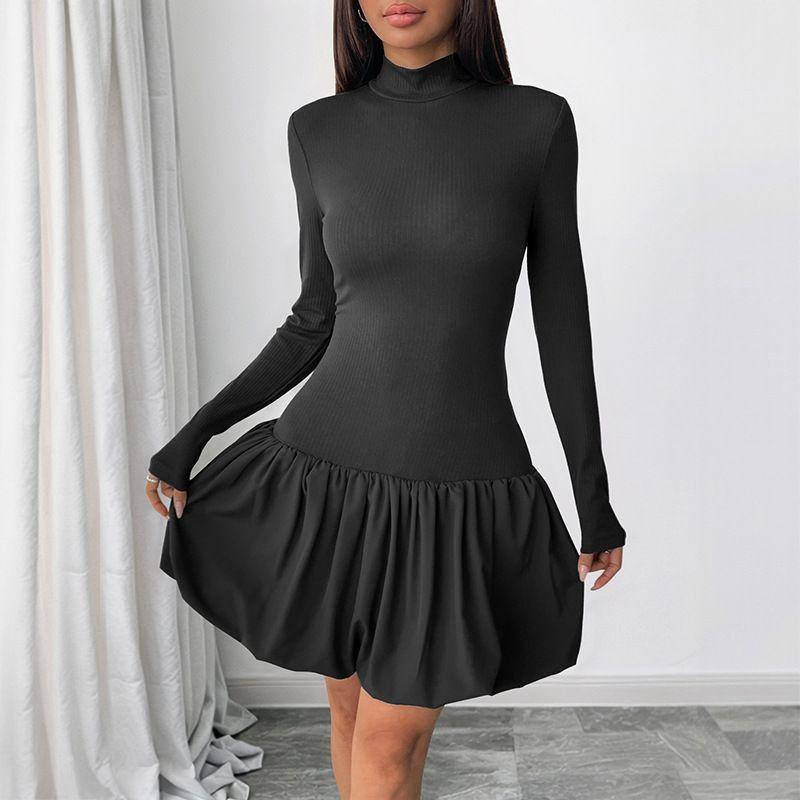 Elegant Long Sleeve Dress Women 2025 Autumn New European and American Turtleneck Patchwork Bottoming Short Skirt
