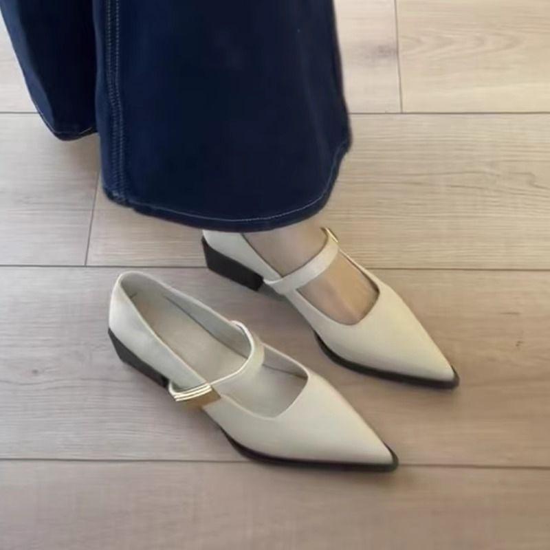 

Однословные туфли-лодочки на высоком толстом каблуке с зеленым острым носком женские 2025 французские на среднем каблуке Мэри Джейн туфли с открытым верхом для通勤 40