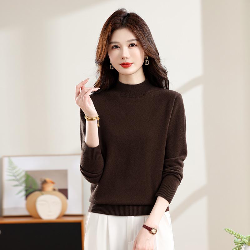 Women's Pure Wool Half-High Collar Sweater - Autumn/Winter Solid Color Loose Warm Pullover Base Layer